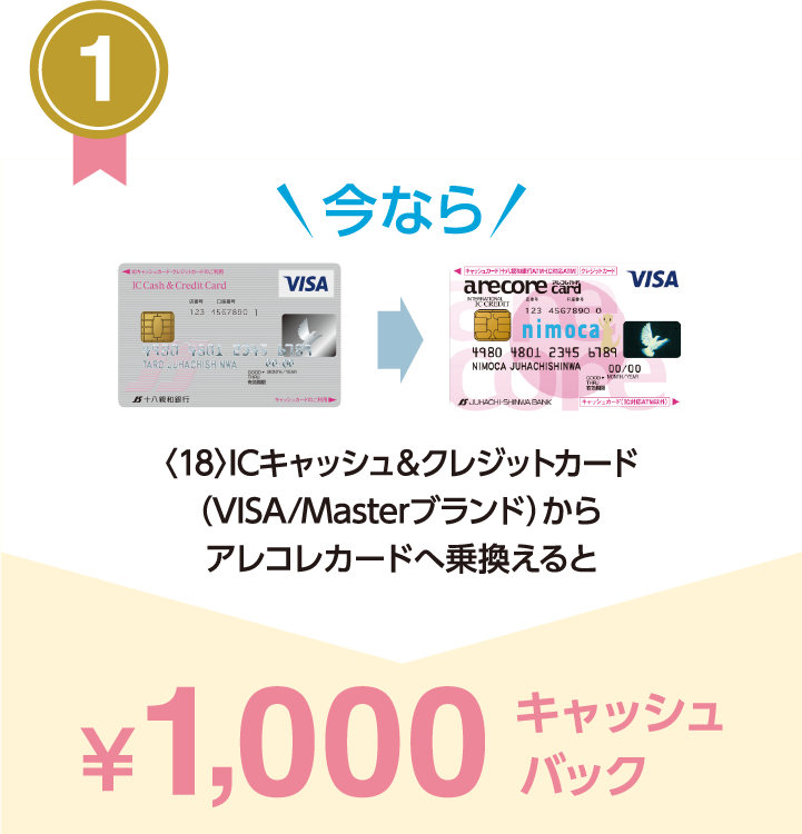 〈18〉ICキャッシュ&クレジットカード(VISA/Masterブランド)からアレコレカードのお乗換えで、1000円キャッシュバック