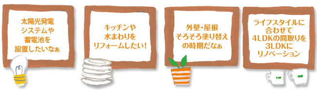 「太陽光発電システムや蓄電池を設置したいなぁ」「キッチンや水まわりをリフォームしたい！」「外壁・屋根そろそろ塗り替えの時期だなぁ」「ライフスタイルに合わせて4LDKの間取りを3LDKにリノベーション！」