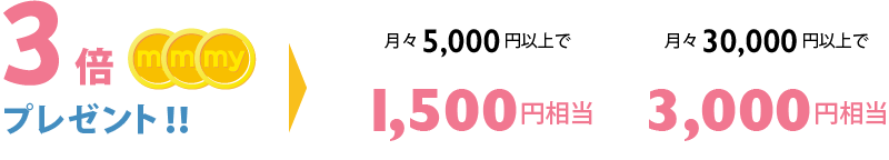 月々5,000円以上で1,500円相当。月々30,000円以上で3,000円相当。