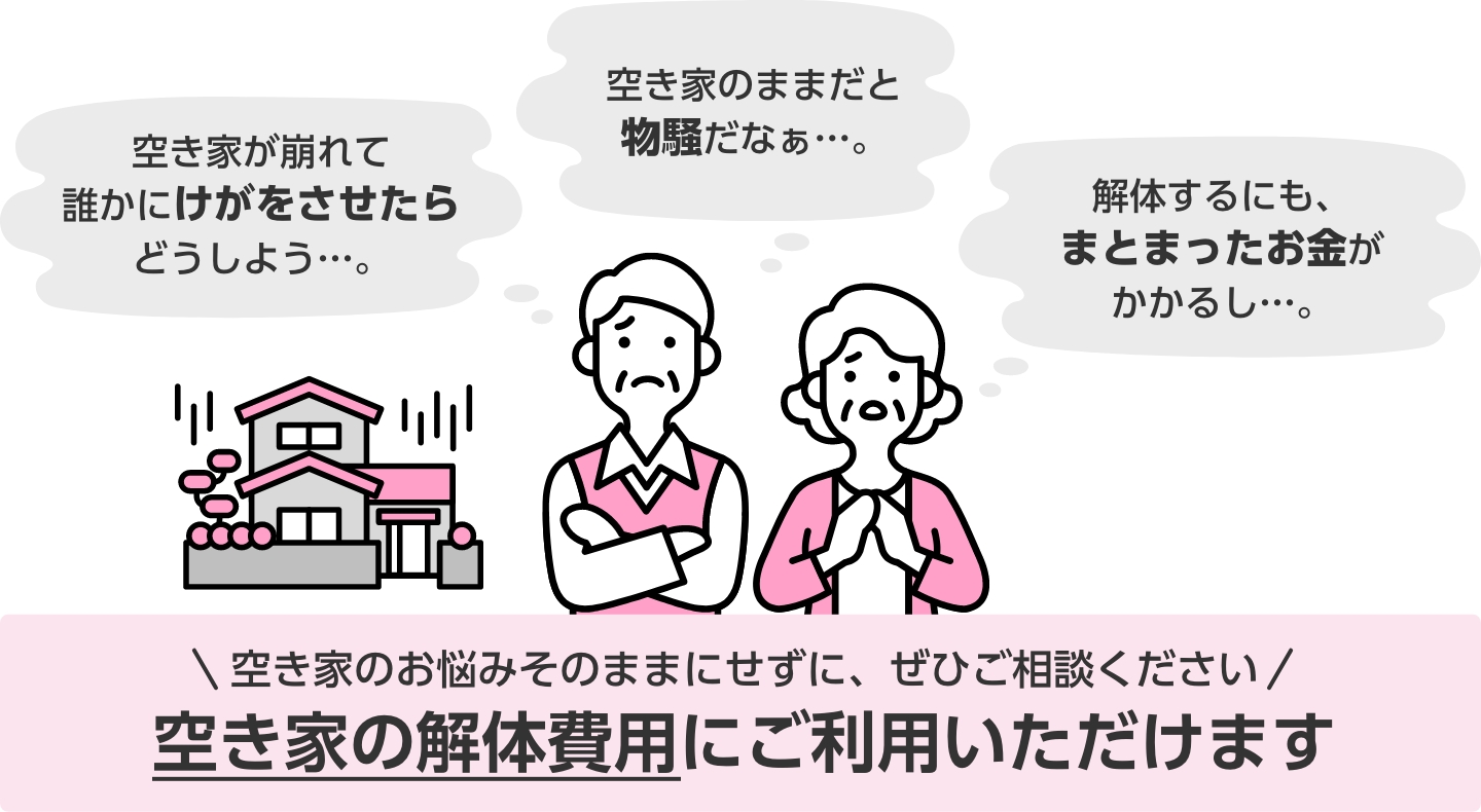 空き家のお悩みそのままにせずに、ぜひご相談ください 空き家の解体費用にご利用いただけます