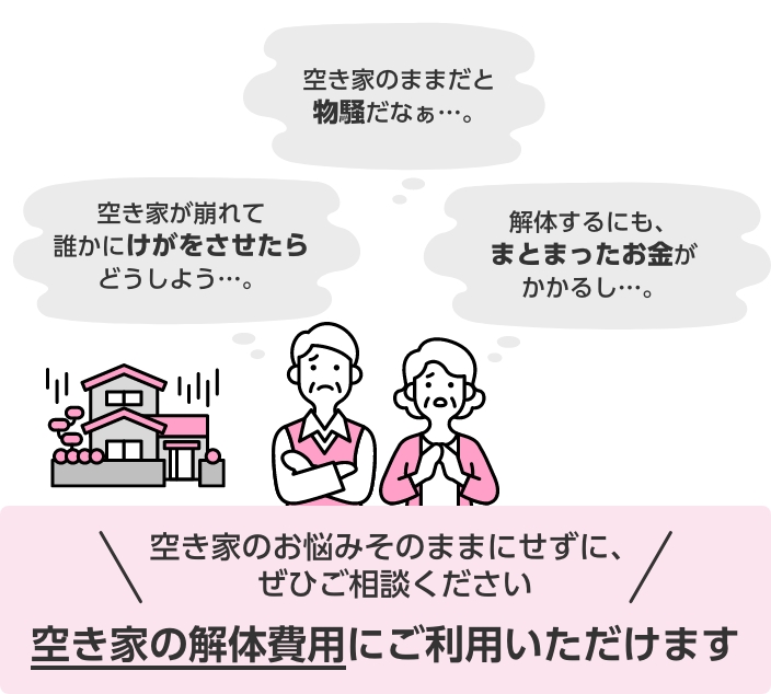 空き家のお悩みそのままにせずに、ぜひご相談ください 空き家の解体費用にご利用いただけます