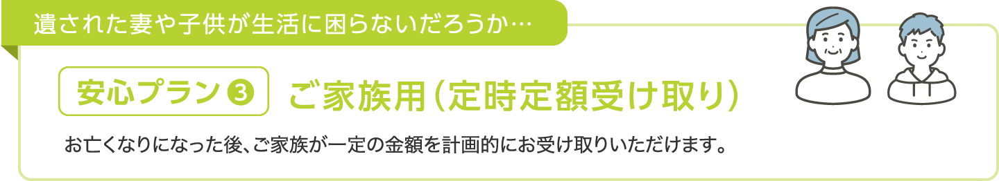 遺された妻や子供が生活に困らないだろうか…【安心プラン❸】ご家族用（定時定額受け取り）お亡くなりになった後、ご家族が一定の金額を計画的にお受け取りいただけます。