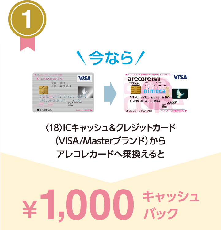 〈18〉ICキャッシュ＆クレジットカード（VISA/Masterブランド）からアレコレカードのお乗換えで、1000円キャッシュバック