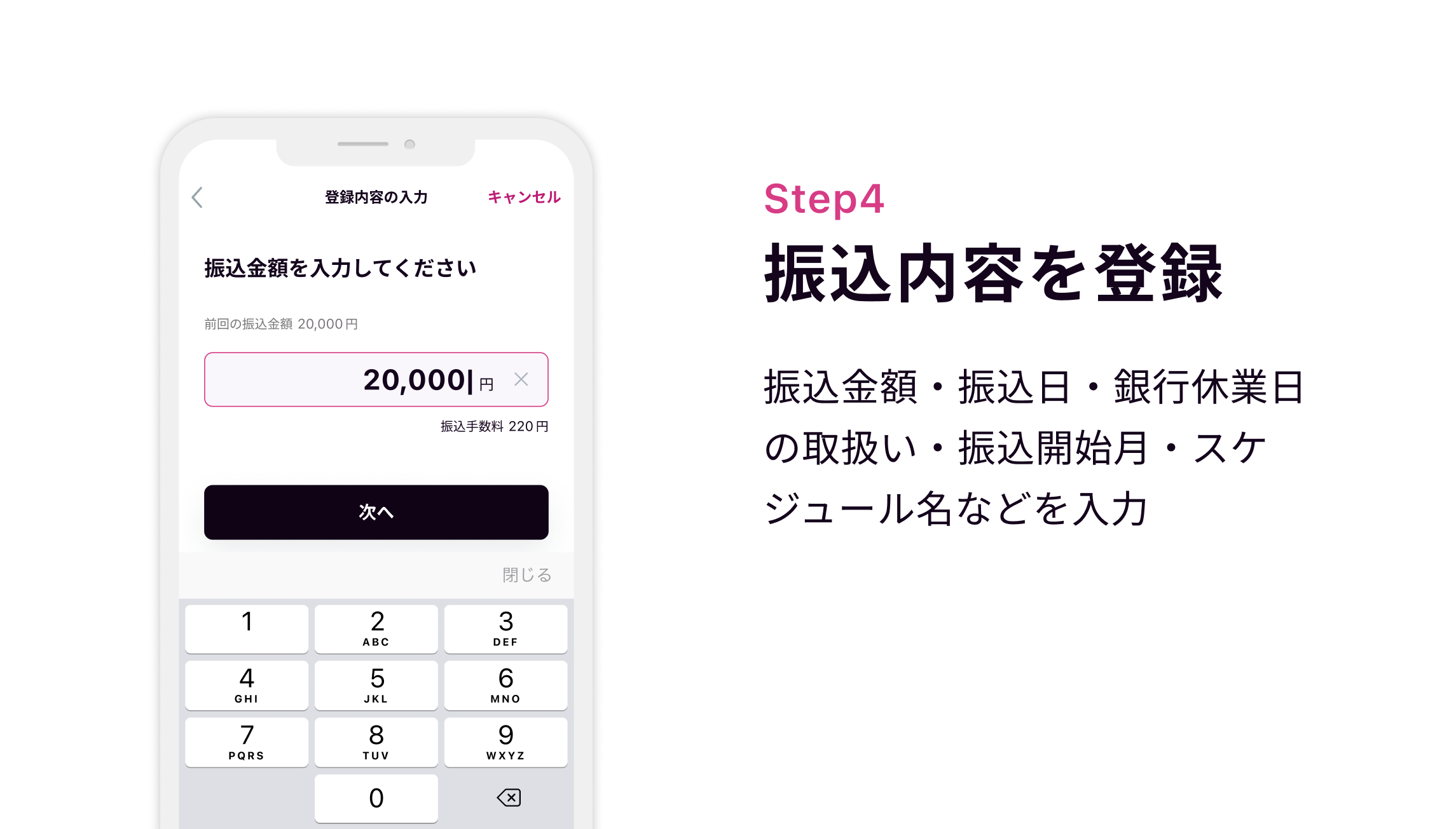 Step4 振込内容を登録 振込金額・振込日・銀行休業日の取扱い・振込開始月・スケジュール名などを入力