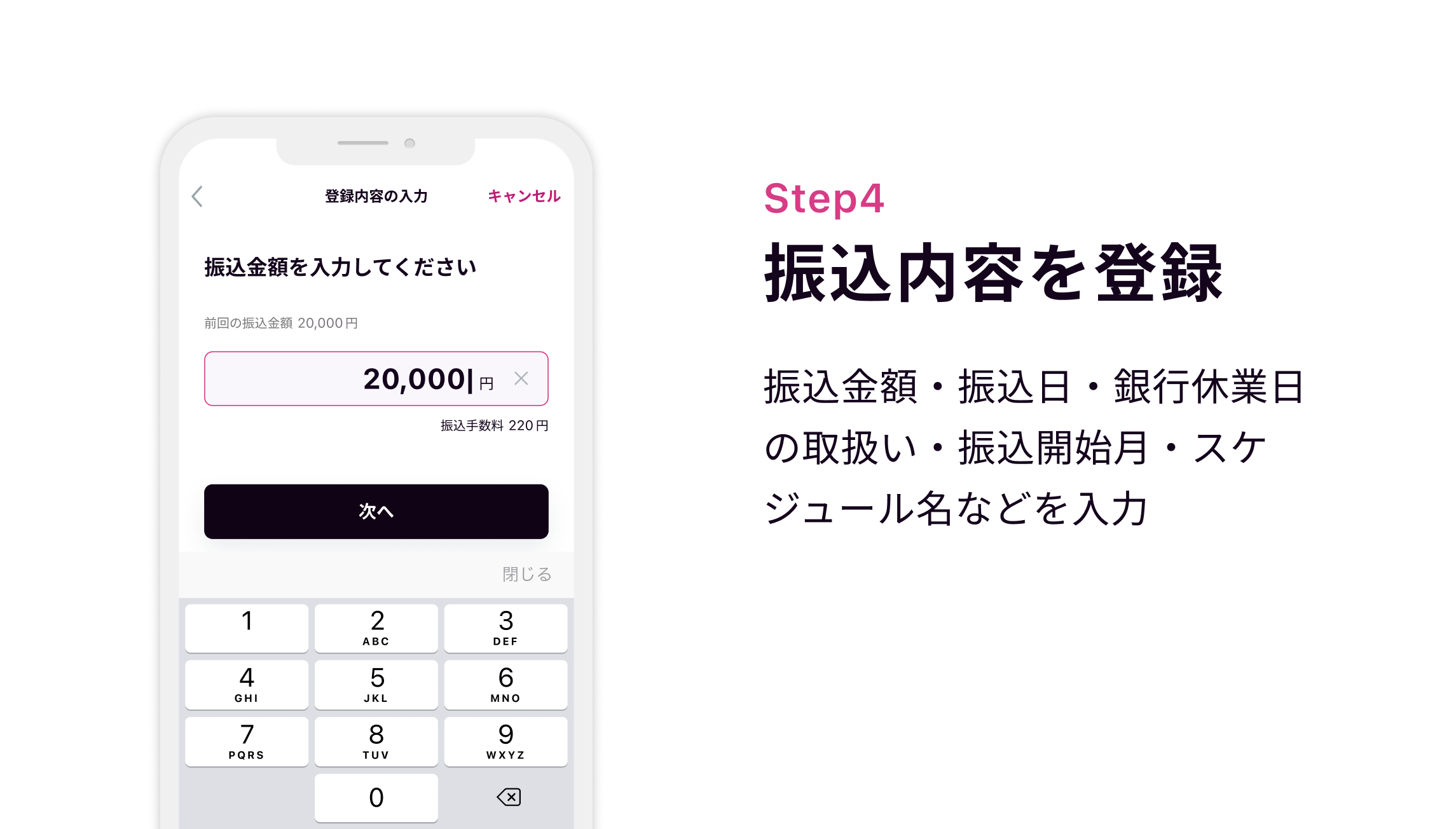 Step4 振込内容を登録 振込金額・振込日・銀行休業日の取扱い・振込開始月・スケジュール名などを入力