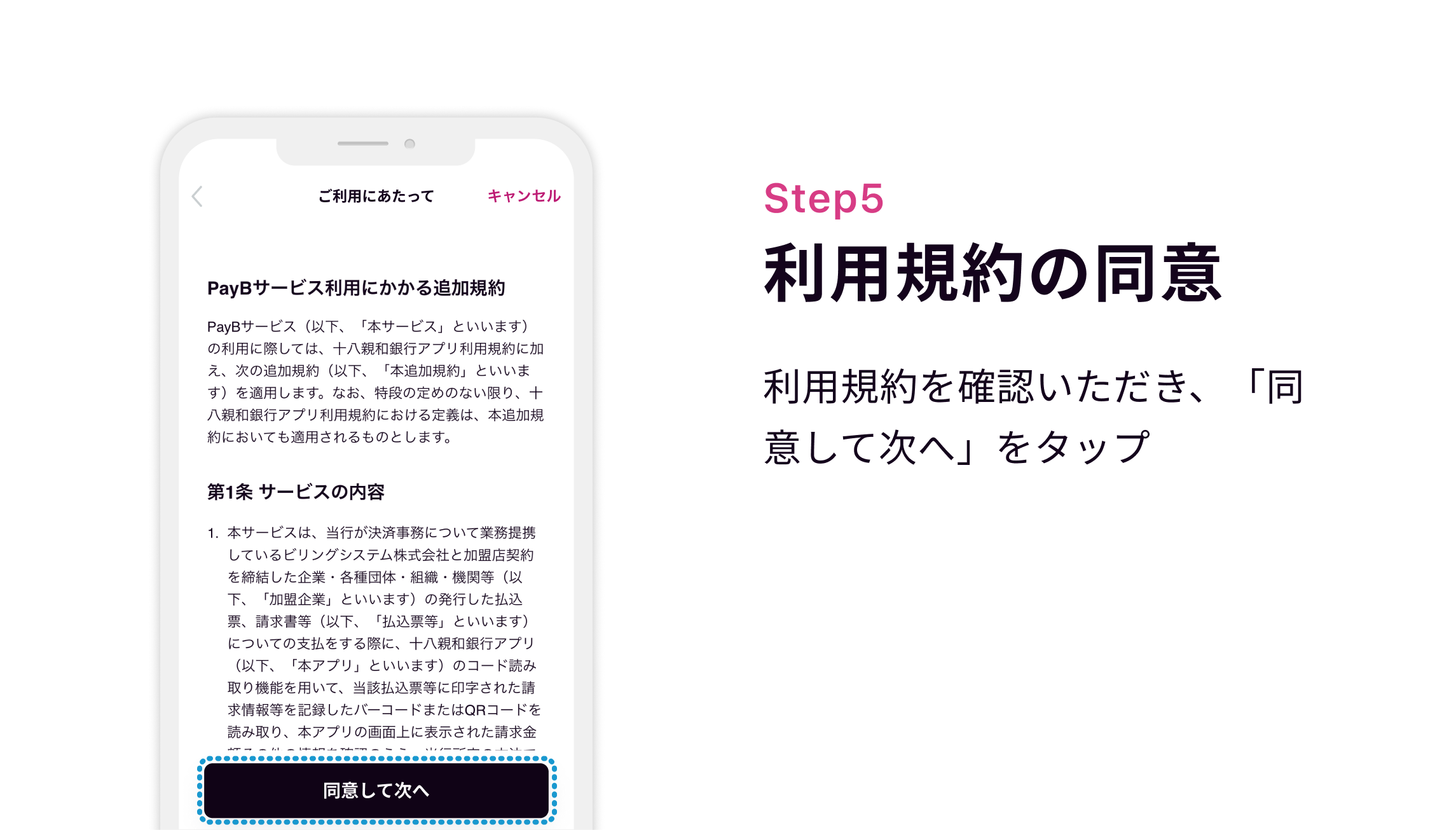 Step5 利用規約の同意 利用規約を確認いただき、「同意して次へ」をタップ
