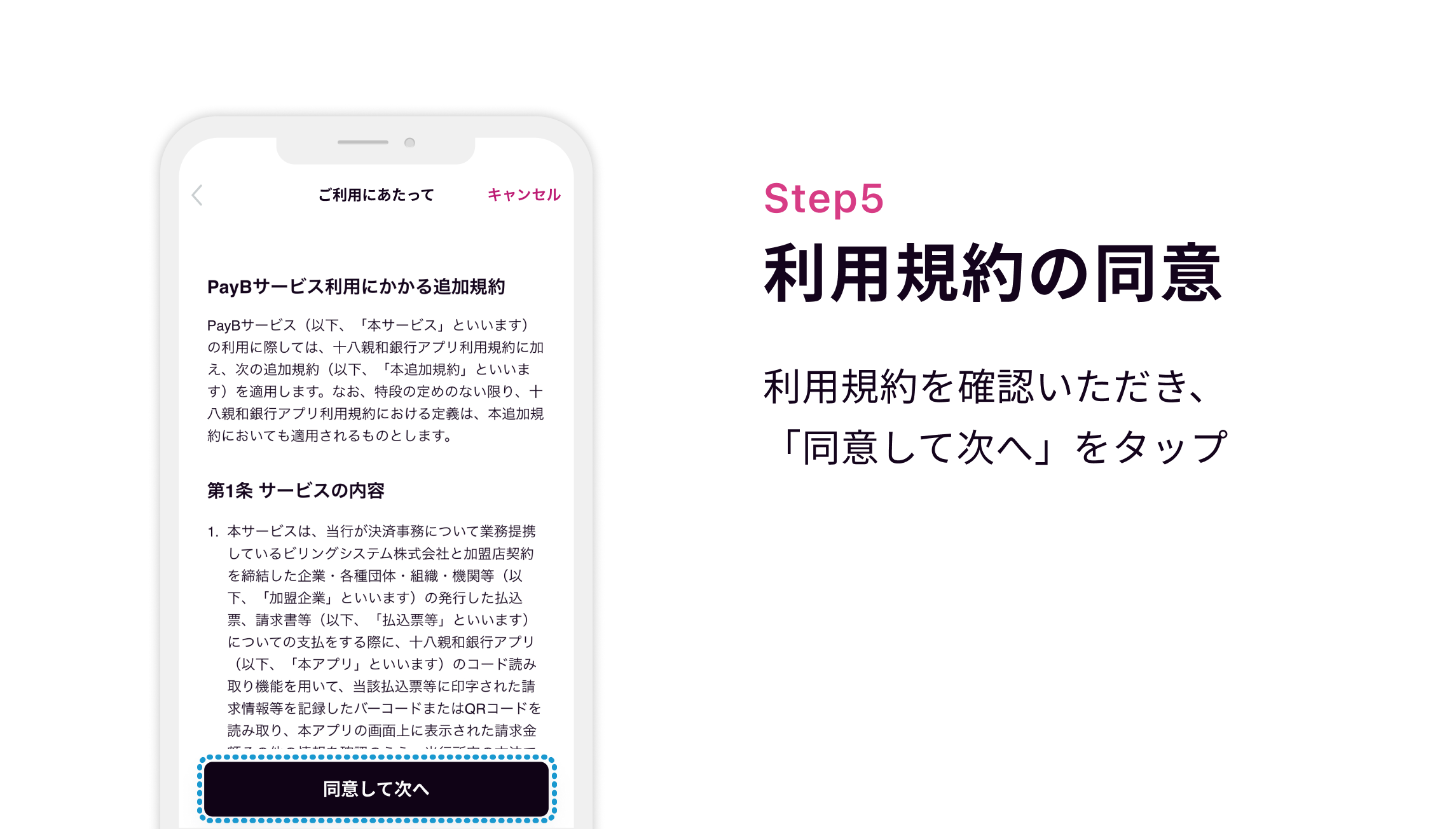 Step5 利用規約の同意 利用規約を確認いただき、「同意して次へ」をタップ