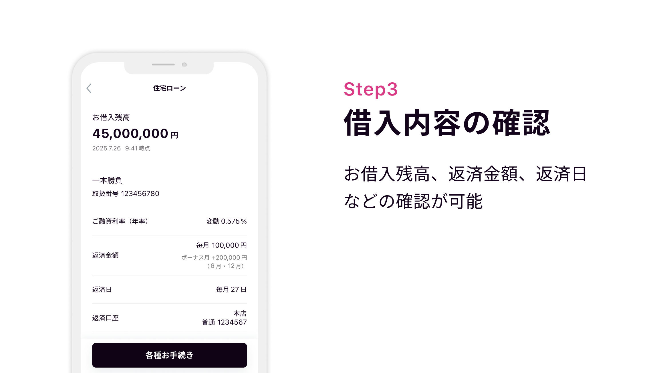 Step3 借入内容の確認 お借入残高、返済金額、返済日などの確認が可能