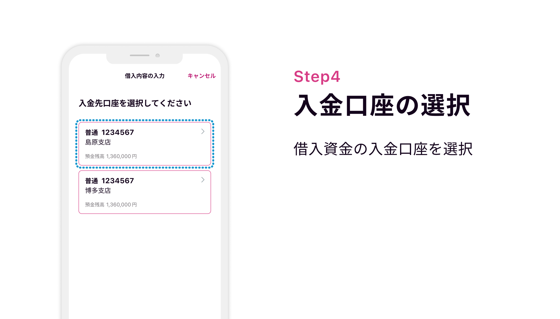 Step4 入金口座の選択 借入資金の入金口座を選択