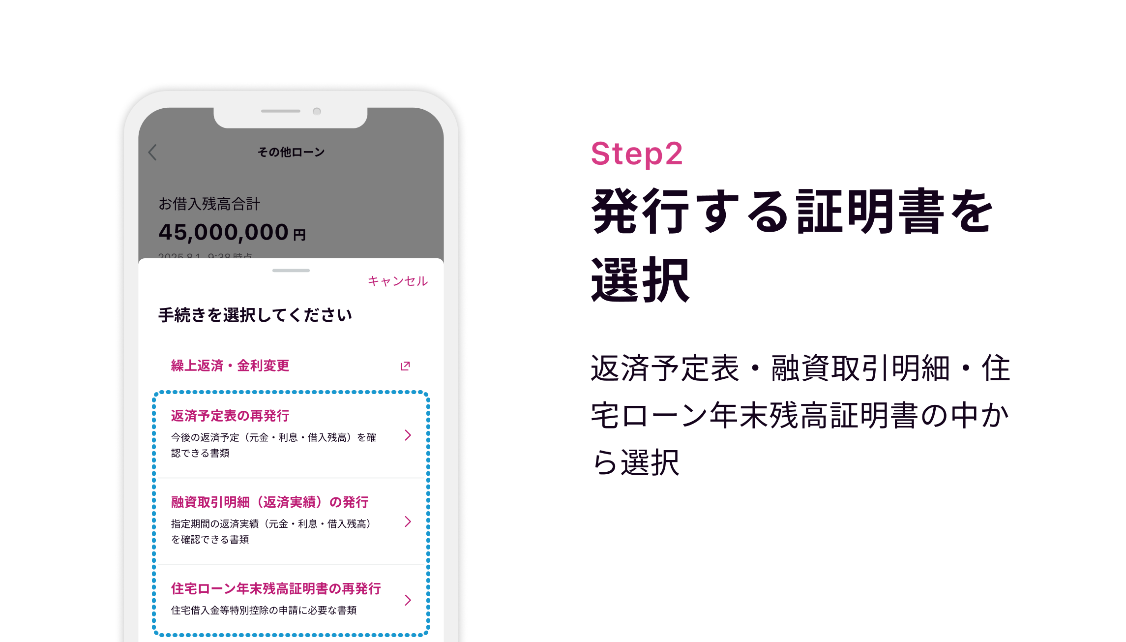 Step2 発行する証明書を選択 返済予定表・融資取引明細・住宅ローン年末残高証明書の中から選択