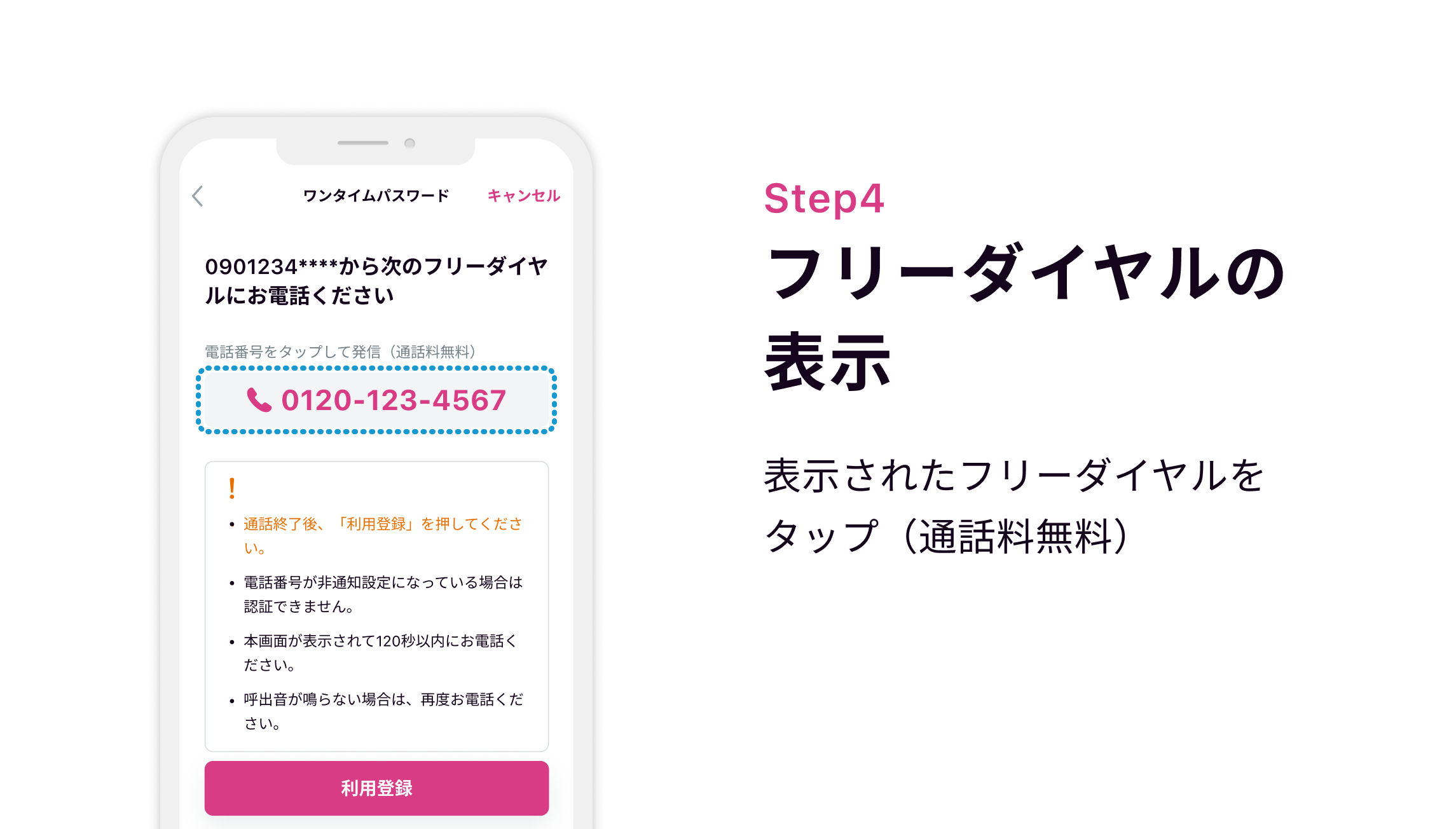Step4 フリーダイヤルの表示 表示されたフリーダイヤルをタップ（通話料無料）