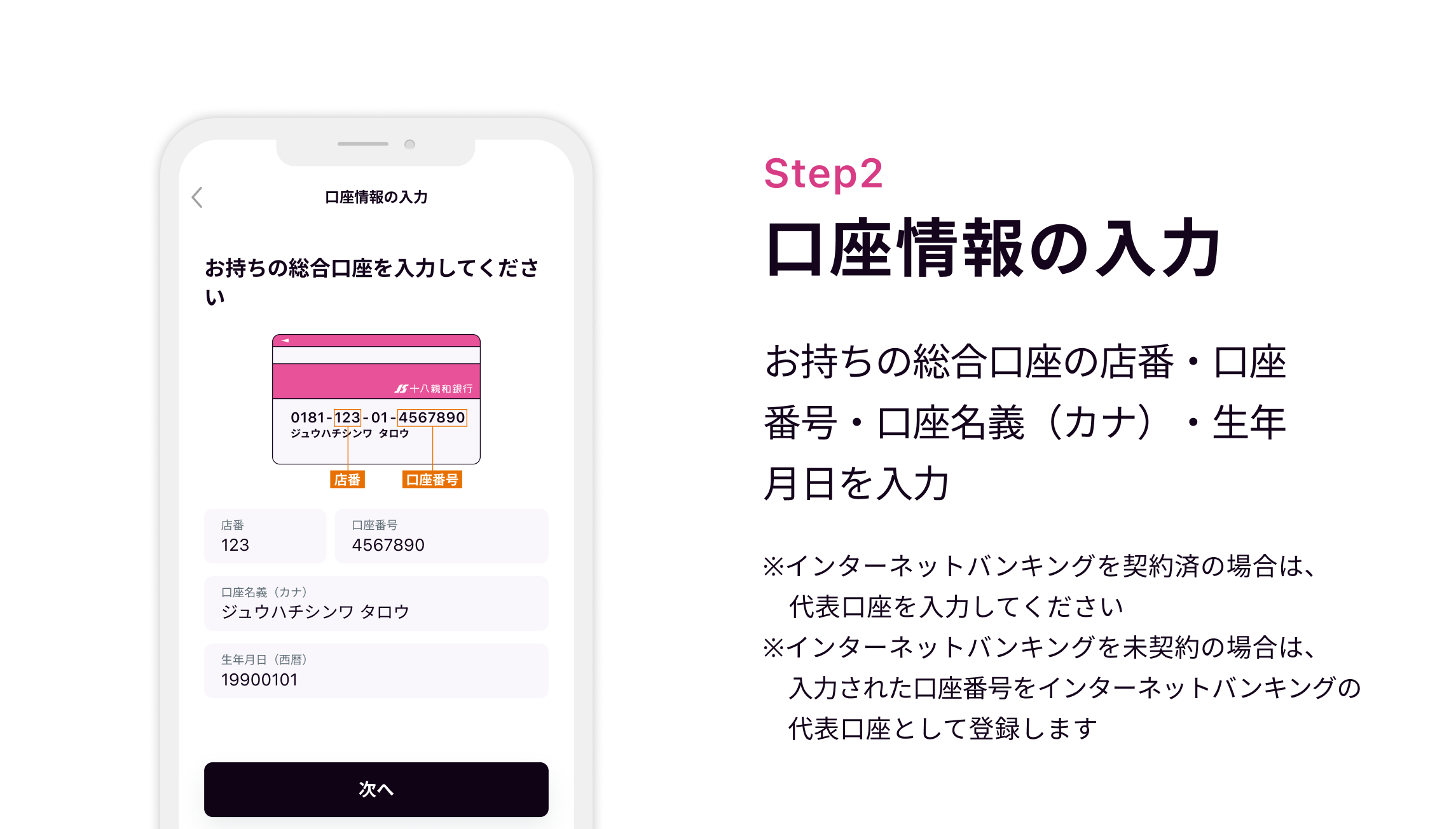 Step2 口座情報の入力　お持ちの総合口座の店番・口座番号・口座名義（カナ）・生年月日を入力