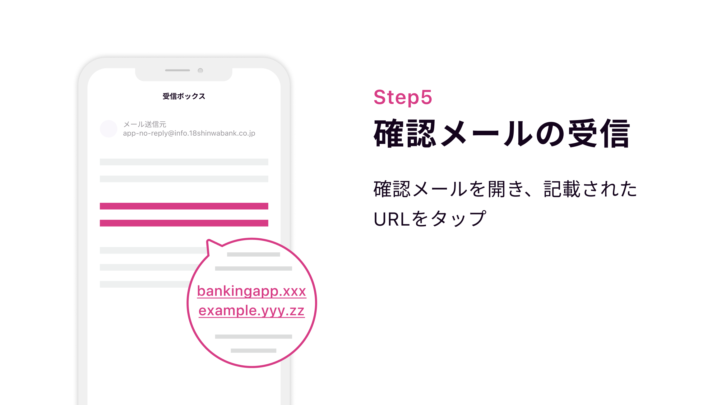 Step5 確認メールの受信　確認メールを開き、記載されたURLをタップ