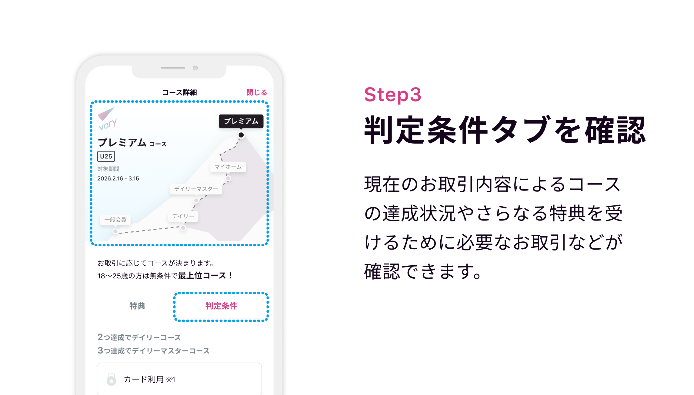 Step3 判定条件タブを確認 現在のお取引内容によるコースの達成状況やさらなる特典を受けるために必要なお取引などが確認できます。