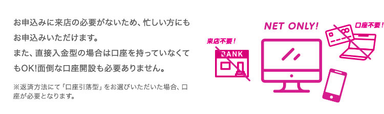 お申込みに来店の必要がないため、忙しい方にもお申込みいただけます。また、直接入金型の場合は口座を持っていなくてもOK!面倒な口座開設も必要ありません。