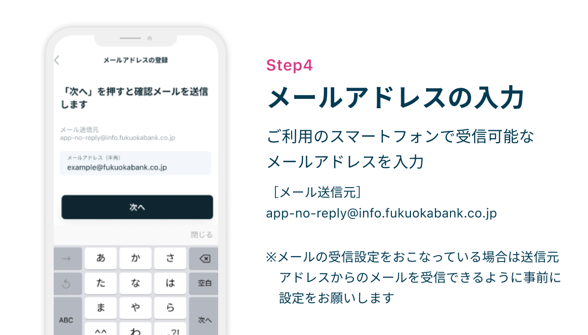 Step4 メールアドレスの入力　ご利用のスマートフォンで受信可能なメールアドレスを入力