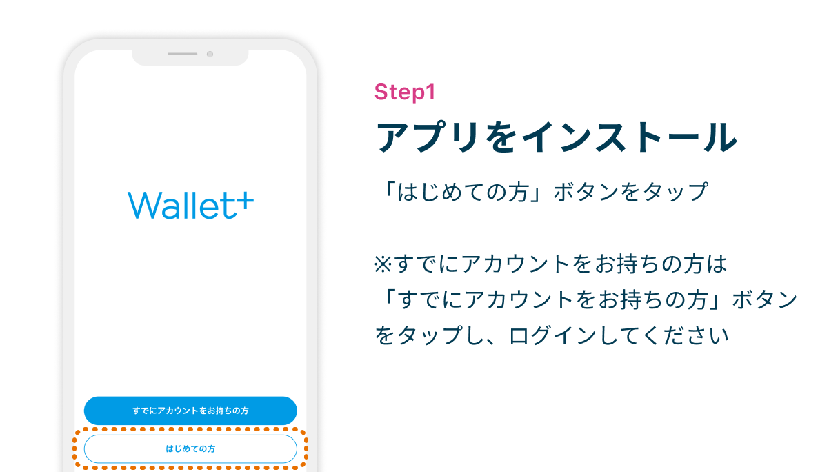 Step1 アプリをインストール　「はじめての方」ボタンをタップ