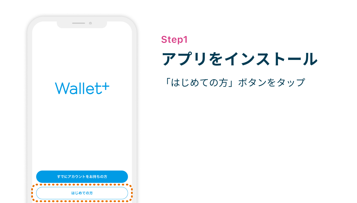 Step1 アプリをインストール　「はじめての方」ボタンをタップ