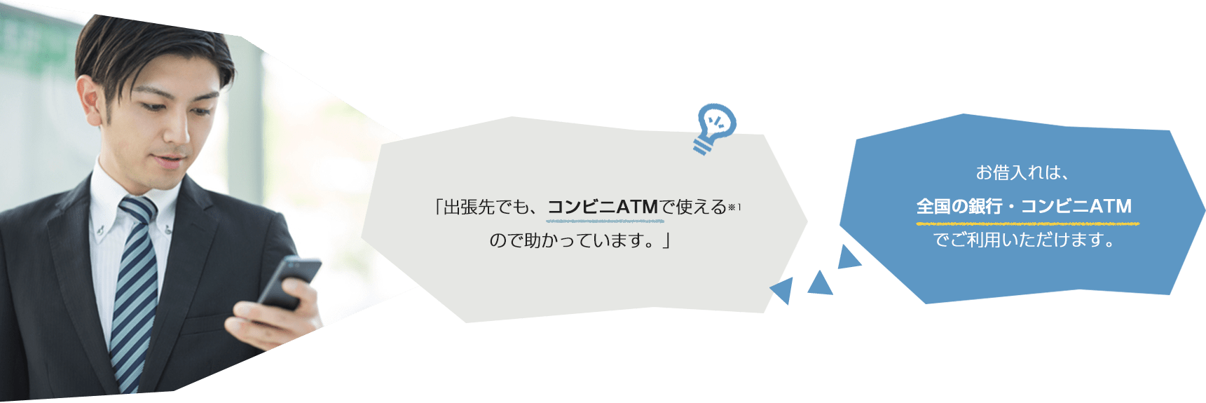 「出張先でも、コンビニATMで使える※1ので助かっています。」