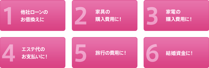 家具や家電の購入費用に!/エステ代のお支払いに!/他社ローンのお借換えに!/旅行の費用に!/結婚資金に!/生活費用に!
