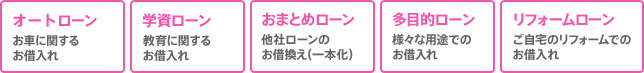 自動車ローン、学資ローン、おまとめローン、多目的ローン、リフォームローン