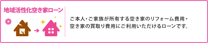 ＜地域活性化空き家ローン＞ご本人・ご家族が所有する空き家のリフォーム費用・空き家の買取り費用にご利用いただけるローンです。
