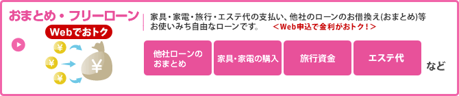 おまとめ・フリーローン　家具・家電・旅行・エステ代の支払い、他社ローンのお借換え（おまとめ）等　お使いみち自由なローンです。＜Web申込で金利がおトク！＞