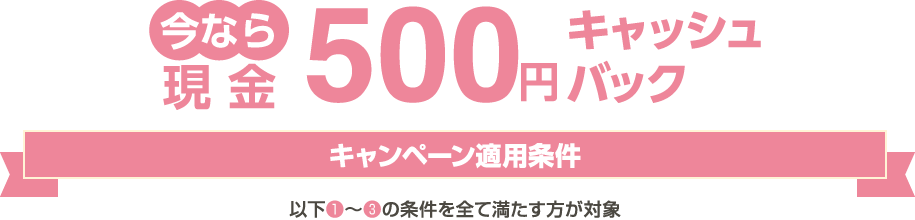 今なら現金500円キャッシュバック | キャンペーン適用条件 以下①～③の条件を全て満たす方が対象