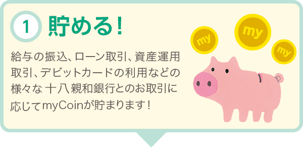 貯める！ 給与の振込、ローン取引、資産運用取引、デビットカードの利用などの様々な十八親和銀行とのお取引に応じてmyCoinが貯まります！