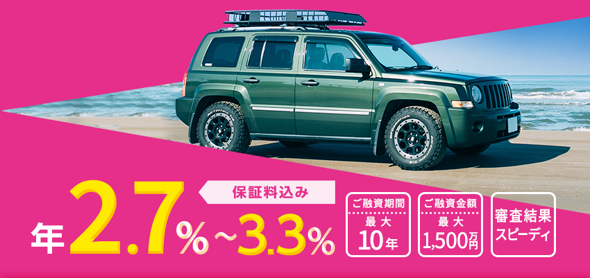 年2.7％～3.3％ 保証料込み ご融資期間 最大10年 ご融資金額 最大1,500万円 審査結果スピーディ