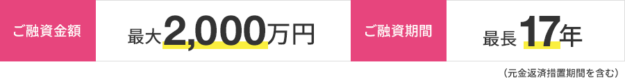 ご融資金額 最大2,000万円 ご融資期間 最長17年（元金返済措置期間を含む）