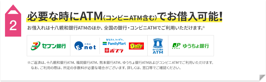 2 必要な時にATM（コンビニATM含む）でお借入可能！ お借入れは十八親和銀行ATMのほか、全国の銀行・コンビニATMでご利用いただけます。※ご返済は、十八親和銀行ATM、福岡銀行ATM、熊本銀行ATM、ゆうちょ銀行ATMおよびコンビニATMでご利用いただけます。なお、ご利用の際は、所定の手数料が必要な場合がございます。詳しくは、窓口等でご確認ください。
